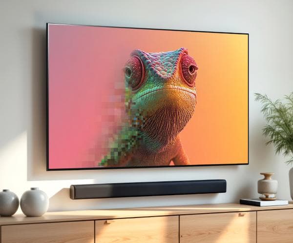 A lizard on a TV with half shown pixelated and half clear