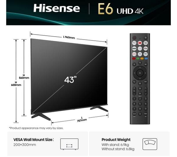 HISENSE E6Q 43\" LED 4K HDR Smart TV with Freely - 43E6QTUK - Image 1