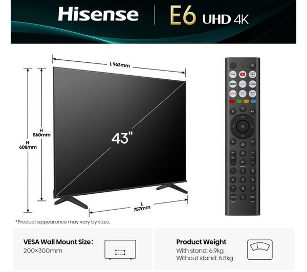 HISENSE E6Q 43\" LED 4K HDR Smart TV with Freely - 43E6QTUK